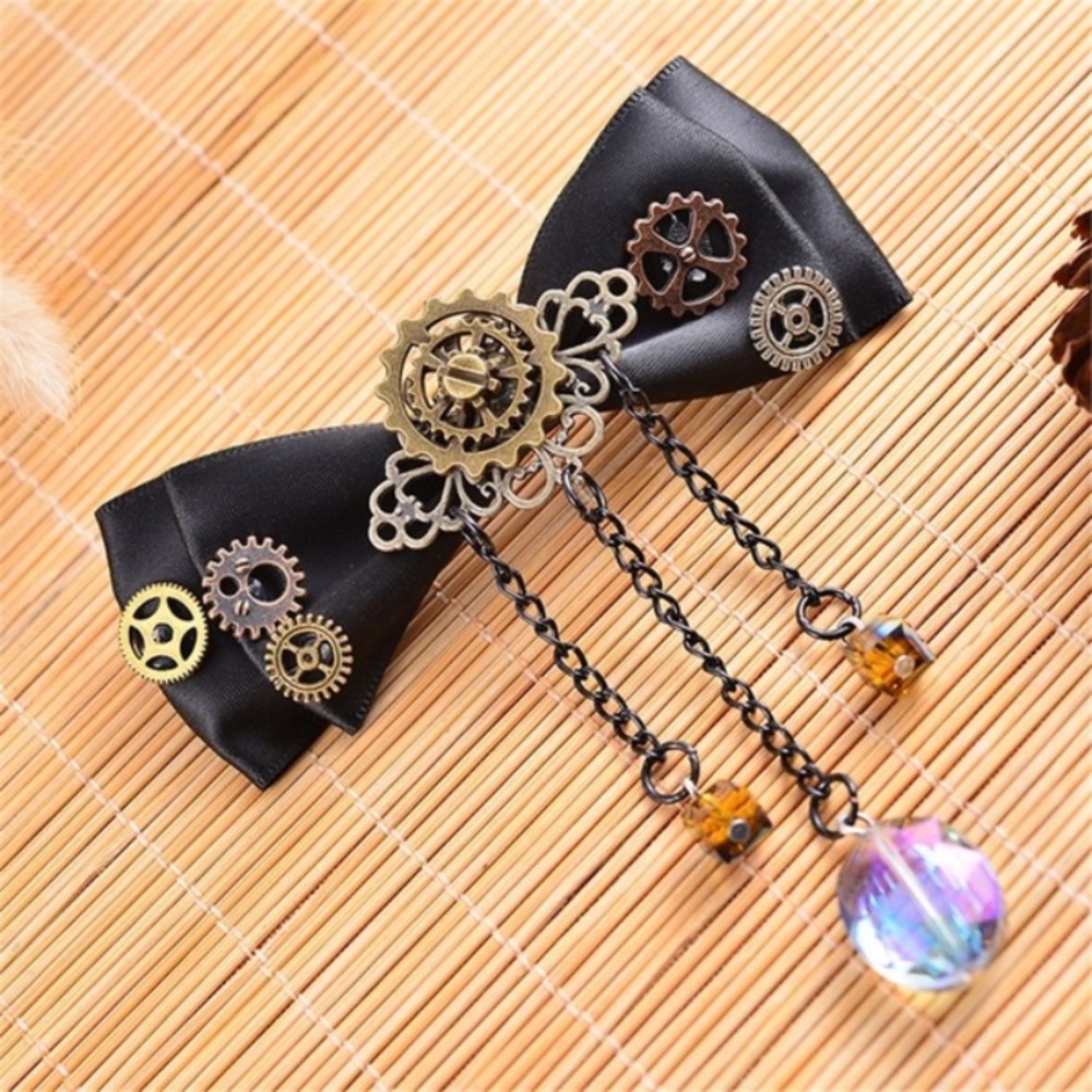 ⭐️ Awesome Steampunk gear tassel ribbon bow jeweled hair clip ⚙️
